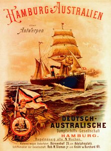 Hamburg - Australië, poster ter promotie van de Duitse Australische Stoombootmaatschappij, 1889