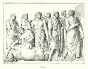 Haruspex die de ingewanden bestudeert van een geofferd dier in het oude Rome (gravure) door German School