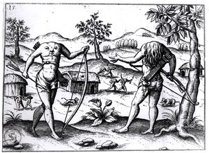 Hoofdloze mannen en vrouwen, illustratie uit het verslag van Sir Walter Raleigh over Guyana, gepubliceerd in Neurenberg, 1599 door German School