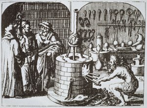 Hermetische Filosofen en een Alchemist, uit Museum Hermeticum door Michael Majer (1625) geïllustreerd in een geschiedenis van magie gepubliceerd eind 19e eeuw door German School
