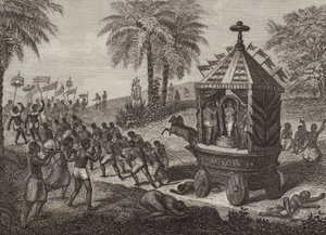 Hindoe-aanbidders trekken een wagen van Juggernaut in het oude India. Illustratie voor Bilder-Atlas (gravure)