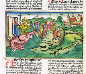 1 Samuel 5:1-11 De Filistijnen grijpen de Ark en worden getroffen door de plaag, uit de Neurenbergse Bijbel (Biblia Sacra Germanaica)