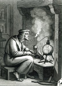 Illustratie uit Goethes Faust met Mephistopheles die een homunculus creëert, 1854 door German School