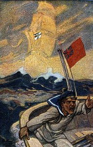 Illustratie van Duitse propaganda uit het tijdschrift Jugend tijdens de 1e Wereldoorlog. Een Engelse matroos wordt geterroriseerd door de verschijning van een spookschip dat de vlag van het Rijk voert.