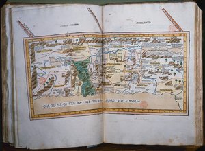 Inc. 425 Kaart van het Heilige Land, gebaseerd op beschrijvingen en coördinaten gegeven in Cosmographica, door Ptolemaeus (Claudius Ptolemaeus van Alexandrië) (c.90-168 na Christus) gepubliceerd in Ulm, Duitsland, door Johann Reger