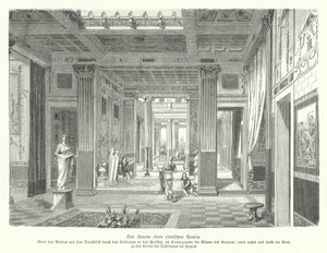 Interieur van een Romeins huis (gravure) door German School