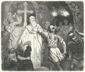 Onderbreking van een christelijke dienst in de Romeinse catacomben (gravure) door German School