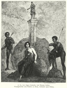 Io, bewaakt door Argus Panoptes in opdracht van de godin Hera, bekeken door Hermes, gestuurd door Zeus om haar te ontvoeren, Romeinse muurschildering door German School