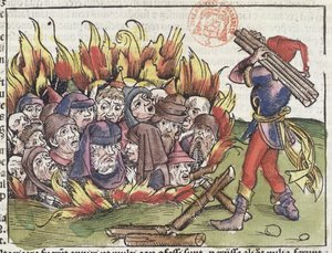 Joden verbrand op de brandstapel, uit de Neurenberg Kroniek door Hartmann Schedel (1440-1514), 1493 door German School