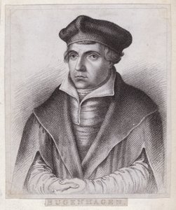 Johannes Bugenhagen (Doctor Pomeranus), Duitse priester en theoloog die de protestantse reformatie introduceert in Pommeren en Denemarken (gravure) door German School