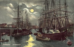 Jonashafen, Hamburg (kleur litho) door German School