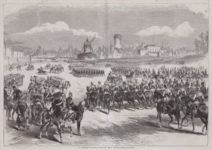 Kaiser Wilhelm I van Duitsland kijkt naar zijn legerparade in Longchamp, Parijs, Frankrijk, maart 1871 door German School