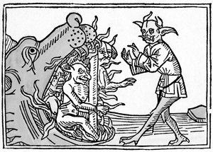 De mond van de hel - Jacobus de Teramo - De duivel Belial voor de poorten van de hel, uit Das Buch Belial, gepubliceerd in Augsburg door German School