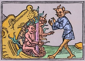 De mond van de hel - Jacobus de Teramo - De duivel Belial voor de poorten van de hel, uit Das Buch Belial, gepubliceerd in Augsburg