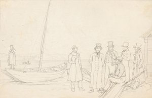 Landschap aan het meer met zeven figuren door German School