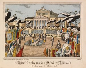 Legging van de eerste steen van het Schiller monument op de Gendarmenmarkt, Berlijn, 10 november 1859, met het Schauspielhaus op de achtergrond, uit Neuruppiner Bilderbogen, uitgegeven door Oehmigle & Ri door German School
