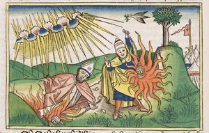 Leviticus 10:1-2 Nadab en Abihu offeren onheilig vuur en sterven, uit de Neurenbergse Bijbel (Biblia Sacra Germanaica) door German School