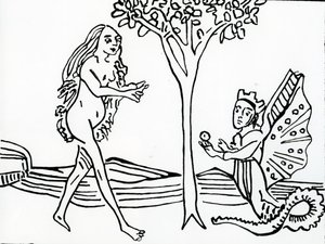 Lilith, gevleugeld en gekroond, met slangenstaart, biedt de appel aan Eva aan, uit 