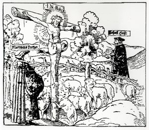 Luther (1483-1546) en Hus (1369-1415) met Christus in de schaapskooi, c.1520-21 door German School
