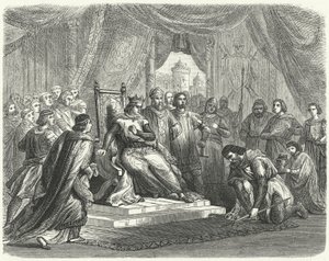 Malcolm IV van Schotland brengt hulde aan Hendrik II van Engeland in Chester door German School