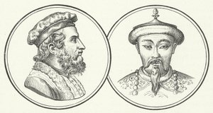 Marco Polo en Kublai Khan (gravure) door German School