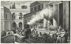 Marcus Antonius veroorzaakt een oproer met zijn redevoering bij de begrafenis van Julius Caesar, 44 v.Chr. door German School