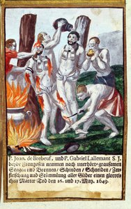 Martelaarschap van Jean de Brébeuf en Gabriel Lalemant door Iroquois, in Nouvelle-France 1649, uit Het Martyrologium van de Jezuïeten, 1688