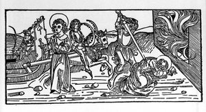Martelaarschap van Sint Polycarpus van Smyrna (ca. 69-155), bisschop. Gravure uit het 