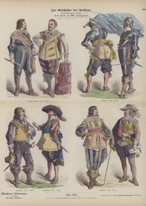 Mannenkostuums van de eerste helft van de 17e eeuw (gekleurde gravure) door German School