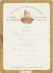 Menu bij de 79e verjaardag van Prins von Bismarck op 1 april 1894 door German School