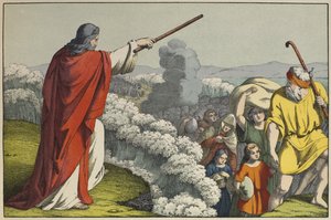 Mozes scheidt de wateren van de Rode Zee, illustratie uit L