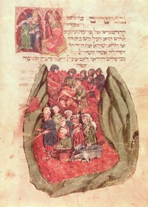 Mozes leidt de kinderen van Israël door de Rode Zee uit een Joods gebedenboek, Hamburg, 1427 (manuscript)
