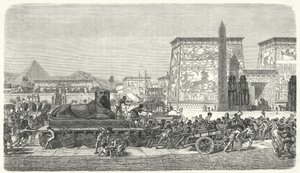 Verplaatsen van een standbeeld in het oude Egypte (gravure)