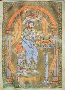 Ms Czart 1207 IV fol 76v St. Marcus de Evangelist, uit Het Evangeliarium van de Kathedraal van Plock, ca. 1075 door German School