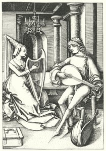 Muzikanten die luit en harp spelen in een landhuis in de 15e eeuw (gravure) door German School