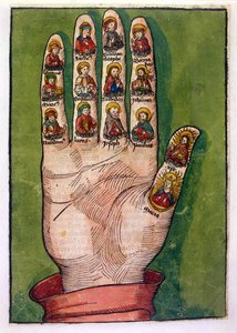 Mystieke hand van Bridget van Zweden die Christus, de Maagd Maria, apostelen en anderen afbeeldt, 1491 door German School