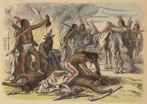 Inheemse Amerikaanse dapperen nemen de scalpen van hun vijanden (gekleurde gravure)