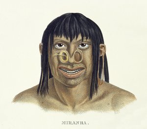 Inheemse man van de Miranha-stam, met neusdecoratie, uit Atlas van een reis in Brazilië door Johann Baptist von Spix (1781-1826) en Karl Friedrich Philipp Martius (1794-1868), gepubliceerd ca. 1835-50 door German School