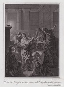 Nicodemus brengt de doornenkroon in de vergadering van jongeren (gravure) door German School