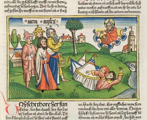 Numeri 16:32 De aarde slokt de rebellen Dathan en Abiram op, uit de Neurenbergse Bijbel (Biblia Sacra Germanaica)
