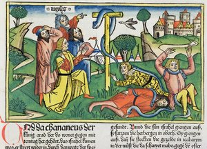 Numeri 21:4-9 Giftige slangen bijten opstandige Israëlieten, uit de Neurenbergse Bijbel (Biblia Sacra Germanaica)