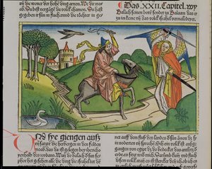 Numeri 22:20-35 Balaams pratende ezel, uit de Neurenbergse Bijbel (Biblia Sacra Germanaica) door German School