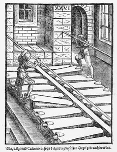 Orgelbalgen en blazers in de kathedraal van Halberstadt, uit Praetorious Syntagma Musicum, gepubliceerd in 1619 door German School