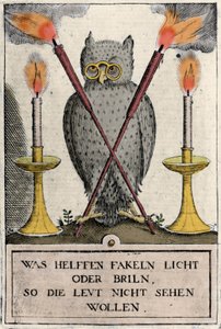 Uil met bril, symbool van wijsheid. Gravure van het "Amphitheatrum sapientiae aeternae". (Amfitheater van eeuwige wijsheid) (Hamburg: n.n.) door German School