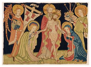 Deel van altaarfrontaal tapijt dat de Heilige Drie-eenheid, de Maagd, St. Johannes en twee Engelen afbeeldt, uit Neurenberg, ca. 1420 (wol & linnen) door German School