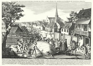 Boeren die de ballon van Jacques Charles en de gebroeders Robert aanvallen nadat deze op 27 augustus 1783 in Gonesse was geland door German School