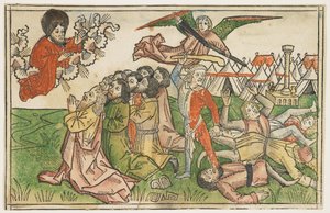 Het volk van Israël gestraft voor het aanbidden van valse goden, uit de Koberger Bijbel, Neurenberg, 1483