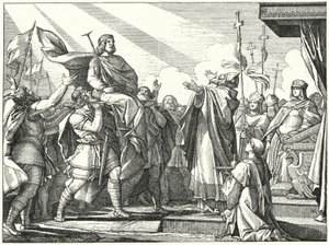 Pepijn de Korte uitgeroepen tot koning van de Franken, 751 (gravure) door German School