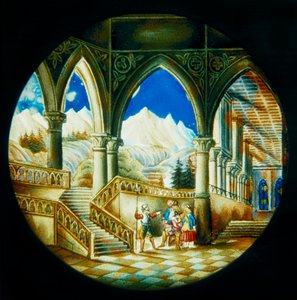 Handgeschilderd bord voor toverlantaarn gemaakt in Duitsland, interieur van een paleis en een landschap, eerste helft van de 19e eeuw