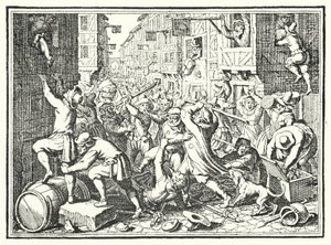 Plundering van de Judengasse, het Joodse getto van Frankfurt, tijdens de Fettmilch-opstand, 1614 door German School